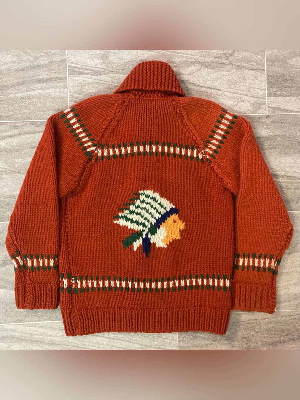 True VTG 1950s/60s COWICHAN Sweater Native Indian Chief Orange Heavy Handmade